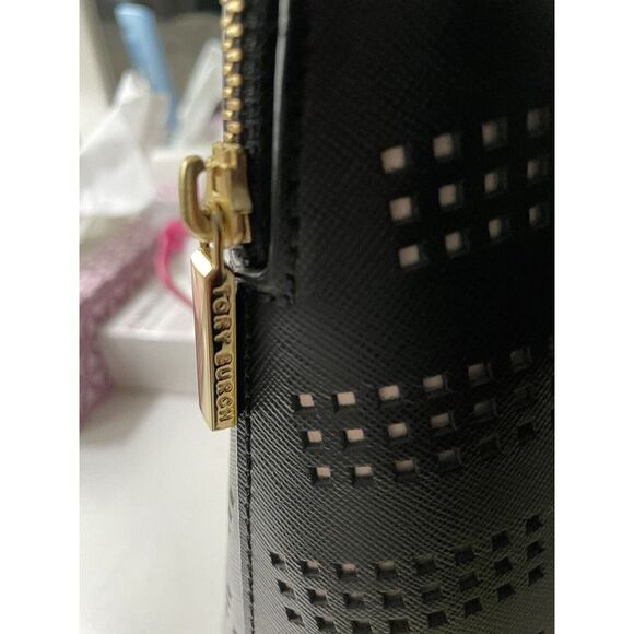 TORY BURCH Robinson Perforated Dome Satchel Black/Birch Handbag - Picture 2 of 6